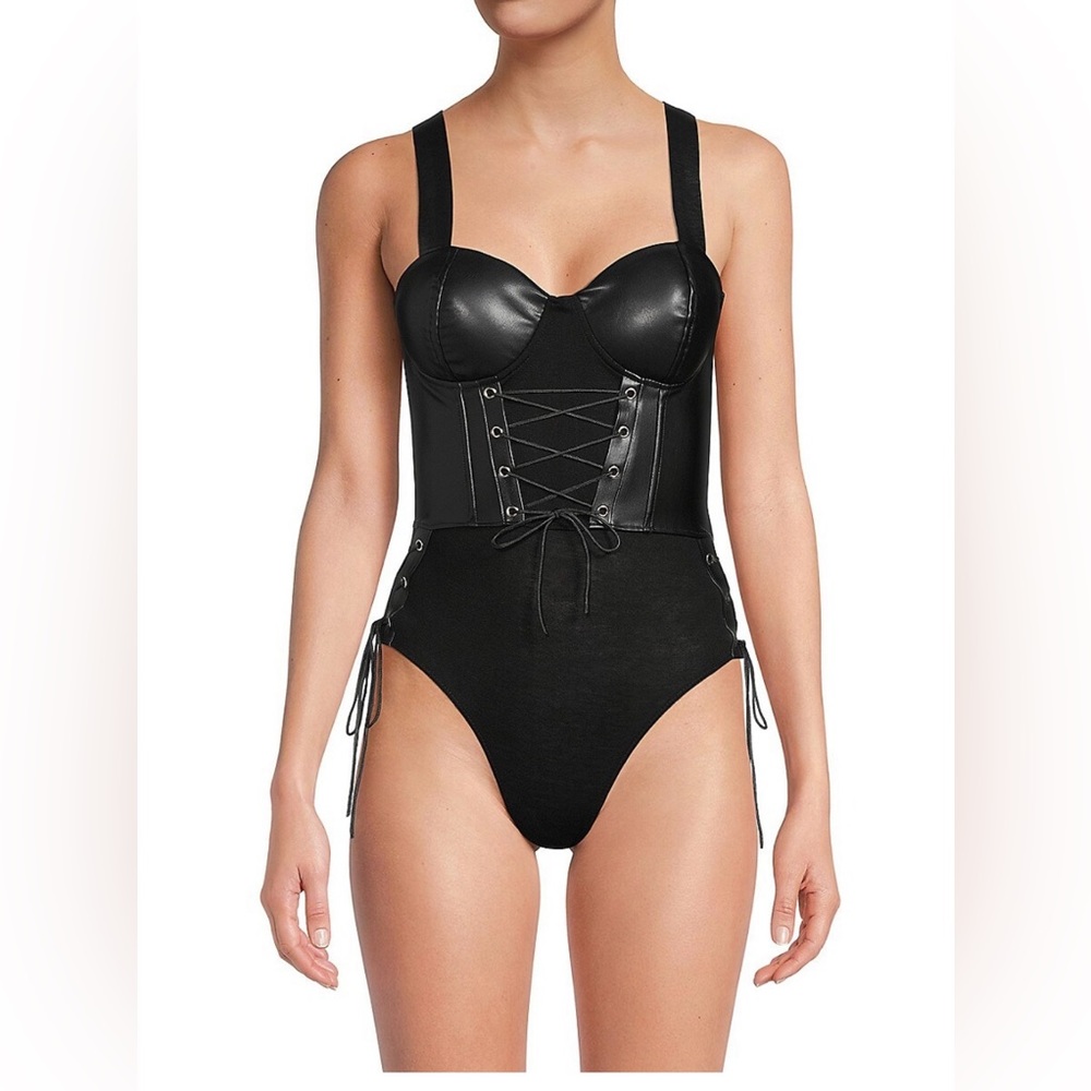 MWT OPPA Women's Faux Leather Lace Up Bodysuit | Smart Closet M #550126